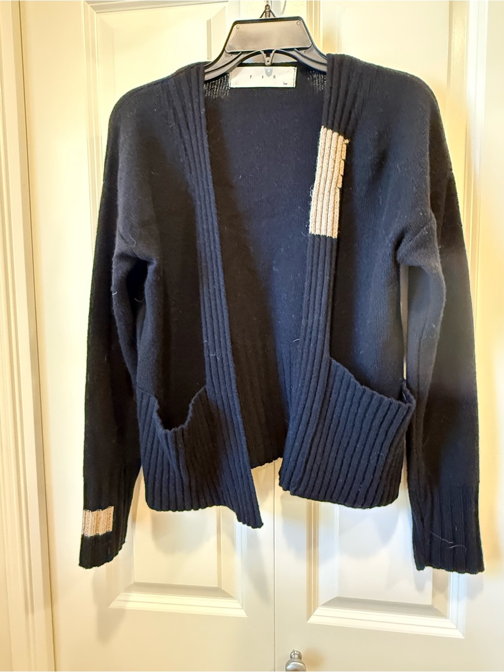 Black Open-Front Ribbed Pocket Sweater with Cream Accent
